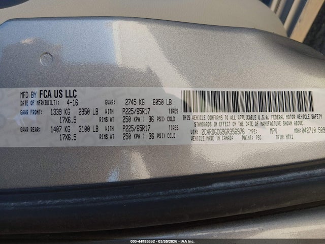 2016 Dodge Grand Caravan Sxt მანქანა იყიდება აუქციონზე, vin: 2C4RDGCG9GR356976, აუქციონის ნომერი: 44753592