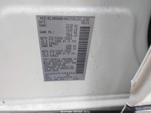 2023 Nissan Murano Platinum Fwd მანქანა იყიდება აუქციონზე, vin: 5N1AZ2DJ3PC104561, აუქციონის ნომერი: 44753595