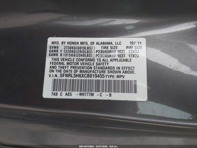 Aukcja sprzedaży 2012 Honda Odyssey Ex-l, vin: 5FNRL5H6XCB019455, numer aukcji: 44753604