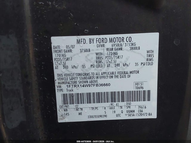 Продажа на аукционе авто 2007 Ford F-150 Fx4/stx/xl/xlt, vin: 1FTRX14W97FB36660, номер лота: 44753606