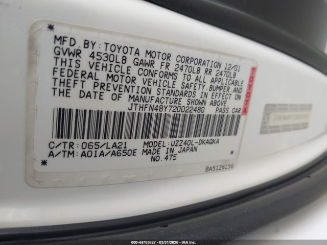 Aukcja sprzedaży 2002 Lexus Sc 430, vin: JTHFN48Y720022480, numer aukcji: 44753627