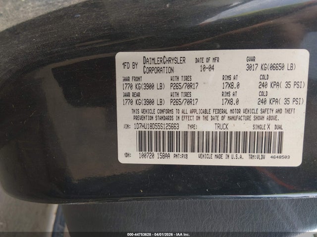 44753628 :رقم المزاد ، 1D7HU18D55S125663 vin ، 2005 Dodge Ram 1500 Slt/laramie مزاد بيع