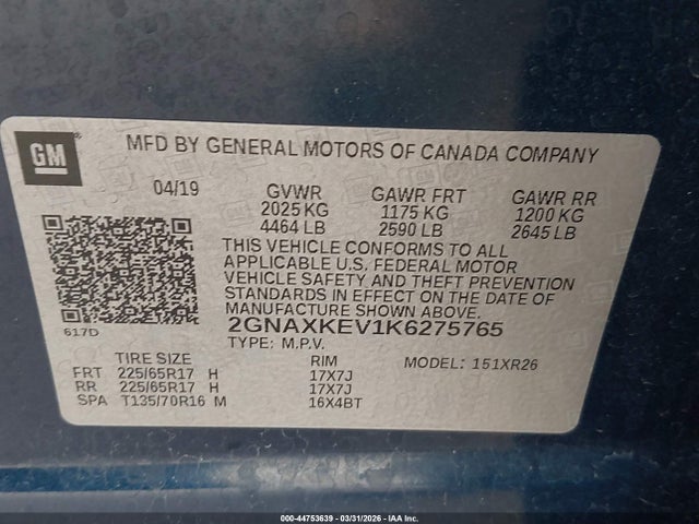 2GNAXKEV1K6275765 Chevrolet EQUINOX LT