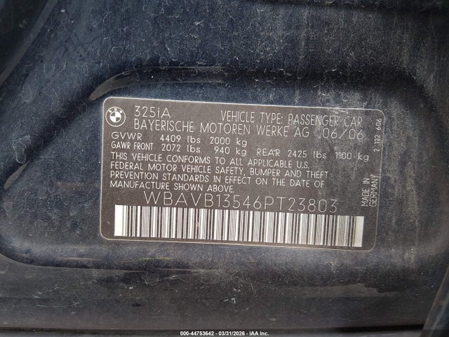 Продажа на аукционе авто 2006 Bmw 325i, vin: WBAVB13546PT23803, номер лота: 44753642