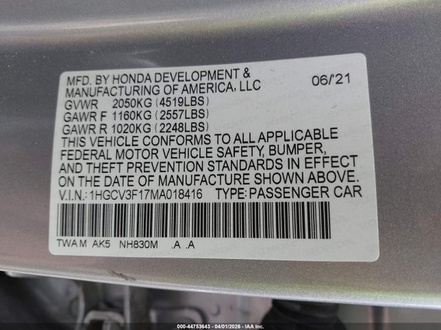 2021 HONDA ACCORD 1HGCV3F17MA018416 Photo 8