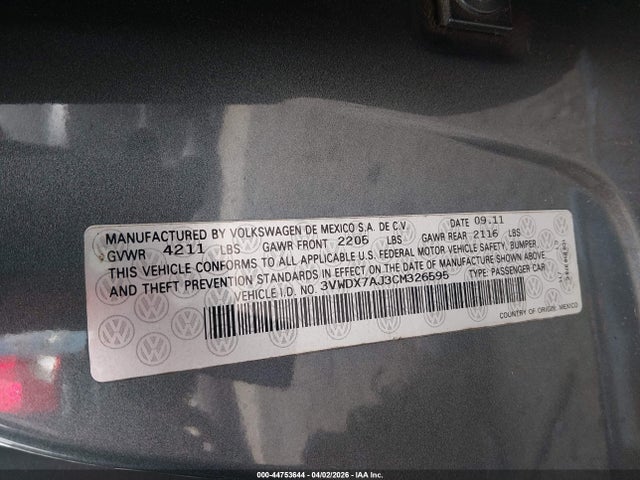 44753644 :رقم المزاد ، 3VWDX7AJ3CM326595 vin ، 2012 Volkswagen Jetta 2.5l Se مزاد بيع