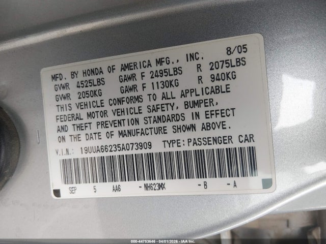 Продажа на аукционе авто 2005 Acura Tl, vin: 19UUA66235A073909, номер лота: 44753646