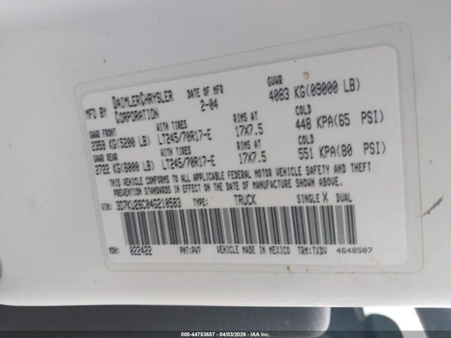 Aukcja sprzedaży 2004 Dodge Ram 2500 St, vin: 3D7KU26C04G210583, numer aukcji: 44753657