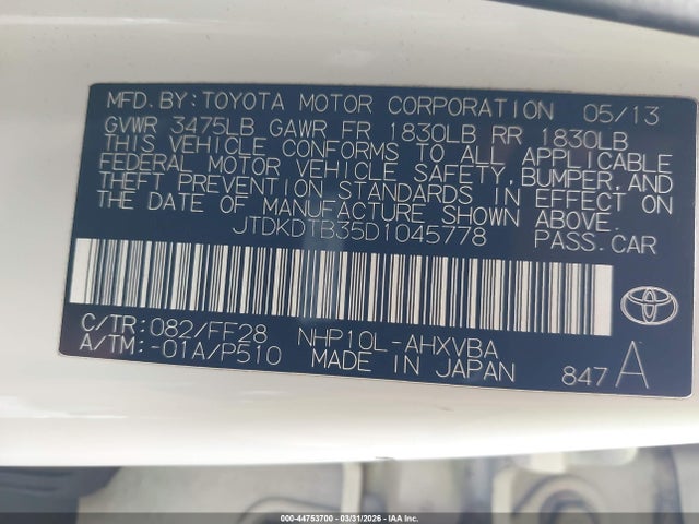 Aukcja sprzedaży 2013 Toyota Prius C Two, vin: JTDKDTB35D1045778, numer aukcji: 44753700