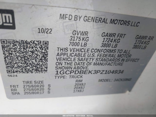 Продажа на аукционе авто 2023 Chevrolet Silverado 1500, vin: 1GCPDBEK3PZ104934, номер лота: 44753708
