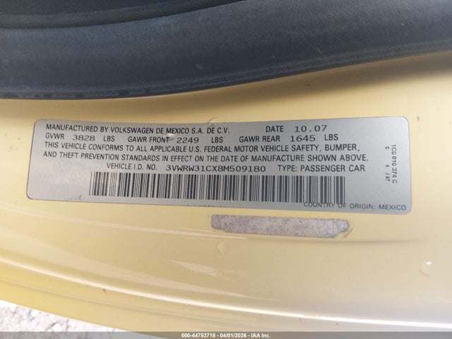 2008 Volkswagen New Beetle S/se მანქანა იყიდება აუქციონზე, vin: 3VWRW31CX8M509180, აუქციონის ნომერი: 44753718