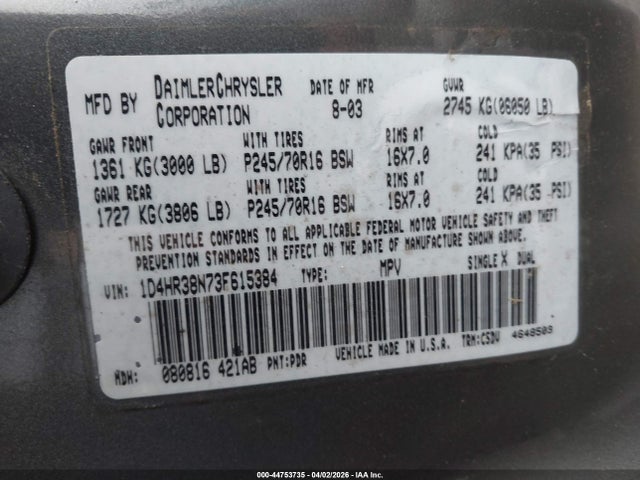 Aukcja sprzedaży 2003 Dodge Durango Sport/sxt, vin: 1D4HR38N73F615384, numer aukcji: 44753735