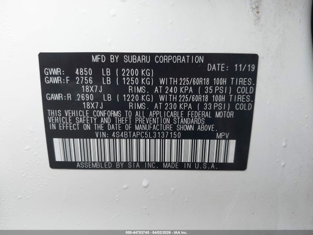 Продажа на аукционе авто 2020 Subaru Outback Touring, vin: 4S4BTAPC5L3137150, номер лота: 44753745