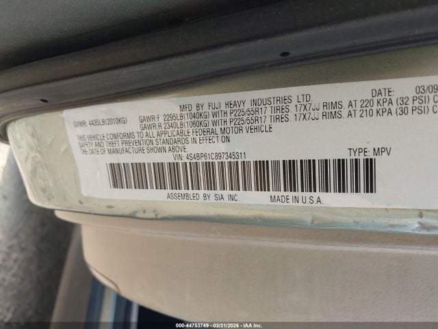 Продажа на аукционе авто 2009 Subaru Outback 2.5i, vin: 4S4BP61C897345311, номер лота: 44753749