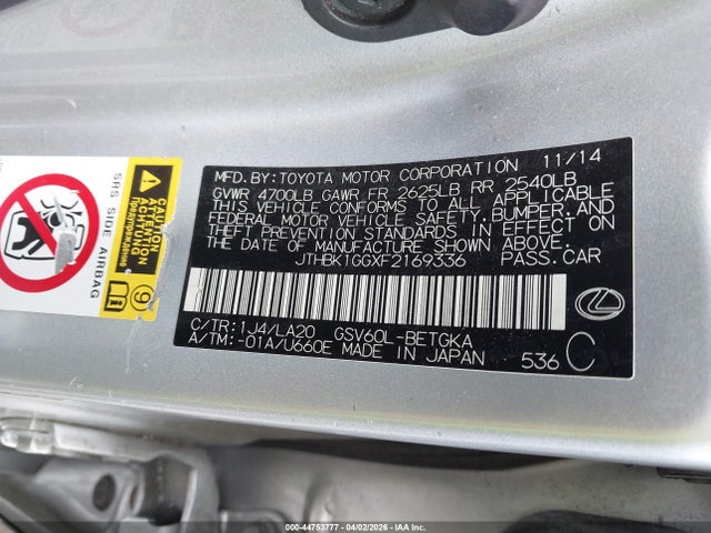 44753777 :رقم المزاد ، JTHBK1GGXF2169336 vin ، 2015 Lexus Es 350 مزاد بيع