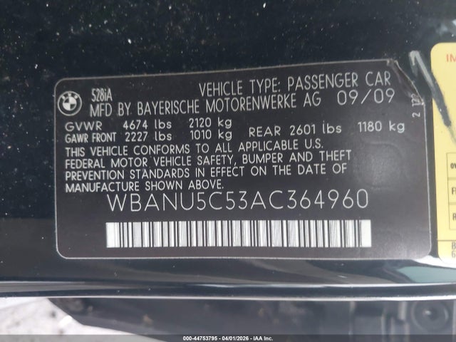 44753795 :رقم المزاد ، WBANU5C53AC364960 vin ، 2010 Bmw 528i مزاد بيع