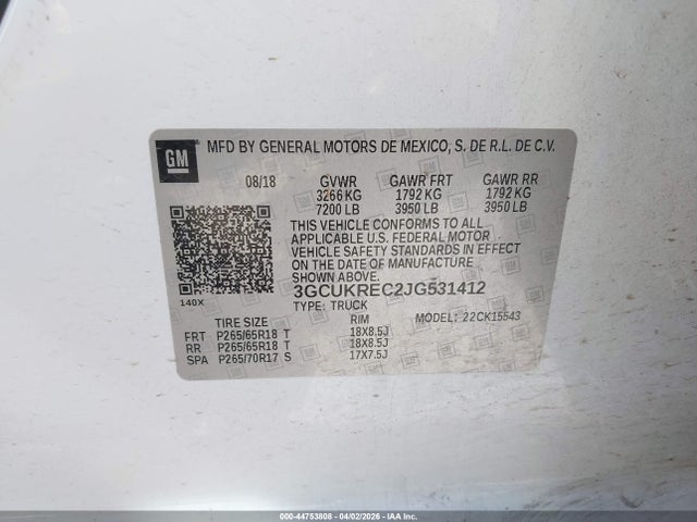 Продажа на аукционе авто 2018 Chevrolet Silverado 1500 2lt, vin: 3GCUKREC2JG531412, номер лота: 44753808