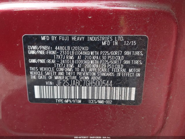 Aukcja sprzedaży 2016 Subaru Forester 2.5i, vin: JF2SJABC7GH500544, numer aukcji: 44753817