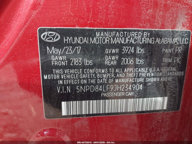 5NPD84LF9JH234904 Hyundai ELANTRA SEL