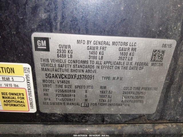 Продаж на аукціоні авто 2015 Buick Enclave Premium, vin: 5GAKVCKDXFJ376091, номер лоту: 44753836