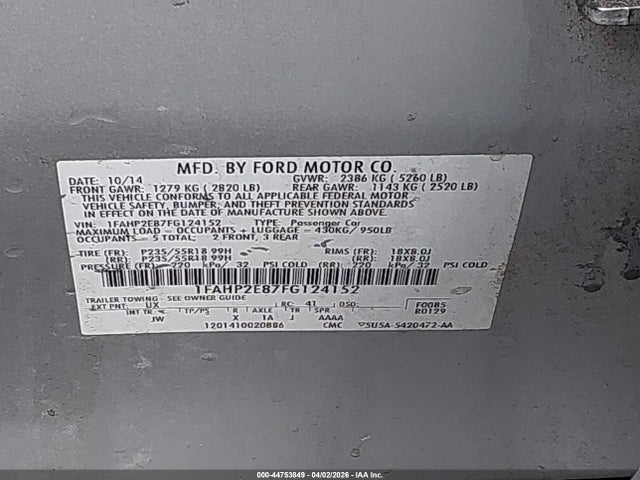 44753849 :رقم المزاد ، 1FAHP2E87FG124152 vin ، 2015 Ford Taurus Sel مزاد بيع