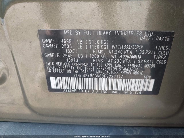 Продажа на аукционе авто 2015 Subaru Outback 2.5i Limited, vin: 4S4BSBNC8F3326147, номер лота: 44753865
