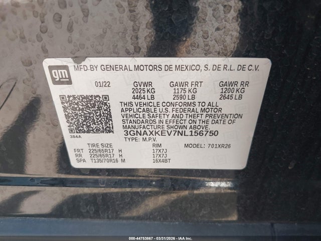3GNAXKEV7NL156750 Chevrolet Equinox Fwd Lt