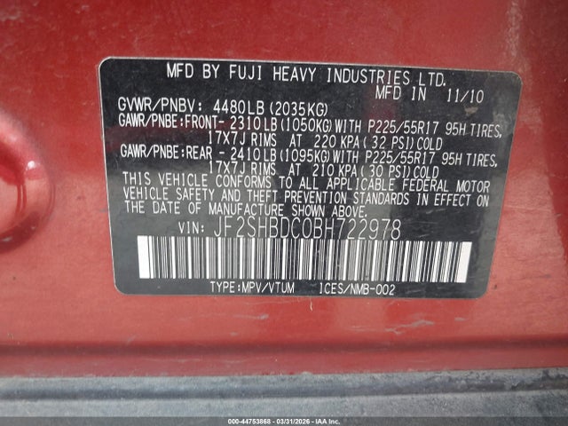 Продажа на аукционе авто 2011 Subaru Forester 2.5x Premium, vin: JF2SHBDC0BH722978, номер лота: 44753868