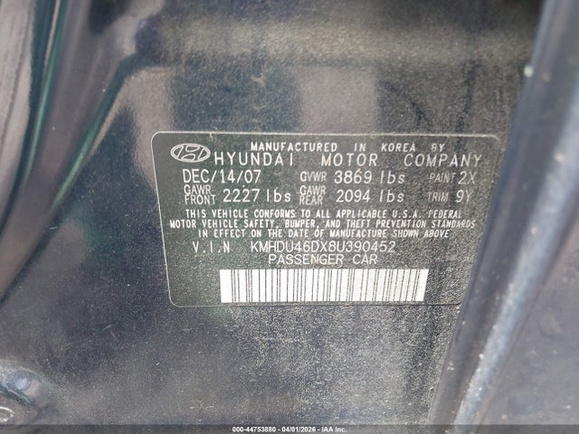 Aukcja sprzedaży 2008 Hyundai Elantra Gls/se, vin: KMHDU46DX8U390452, numer aukcji: 44753880