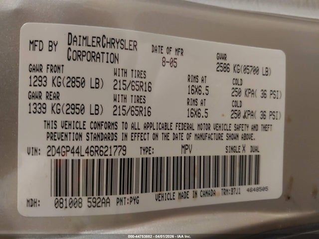 Aukcja sprzedaży 2006 Dodge Grand Caravan Sxt, vin: 2D4GP44L46R621779, numer aukcji: 44753882