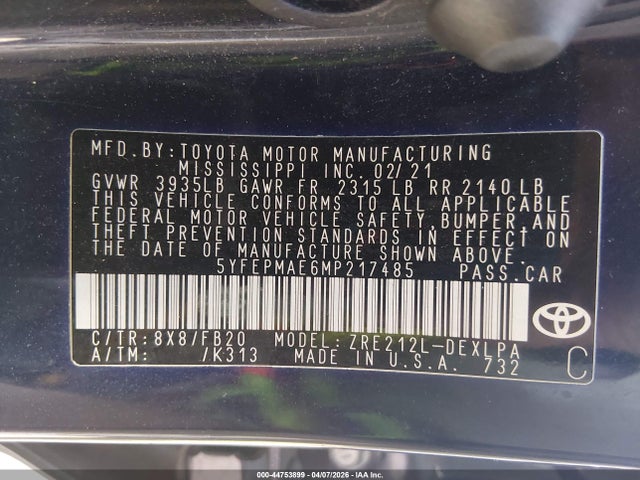 Aukcja sprzedaży 2021 Toyota Corolla Le, vin: 5YFEPMAE6MP217485, numer aukcji: 44753899