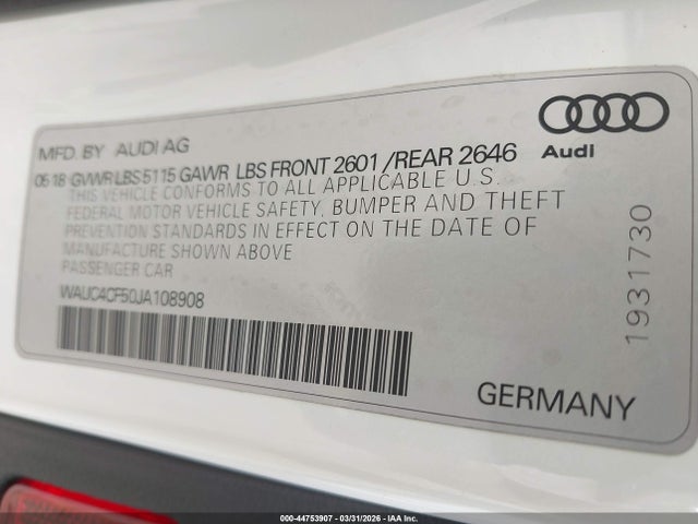 Продаж на аукціоні авто 2018 Audi S5 3.0t Premium Plus, vin: WAUC4CF50JA108908, номер лоту: 44753907
