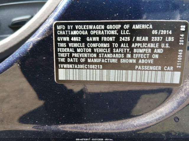 44753917 :رقم المزاد ، 1VWBN7A39EC108213 vin ، 2014 Volkswagen Passat 2.0l Tdi Se مزاد بيع