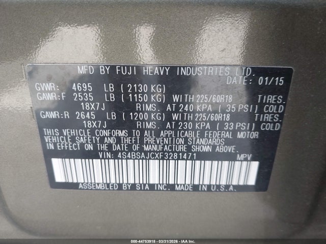 4S4BSAJCXF3281471 Subaru Outback 2.5i Limited