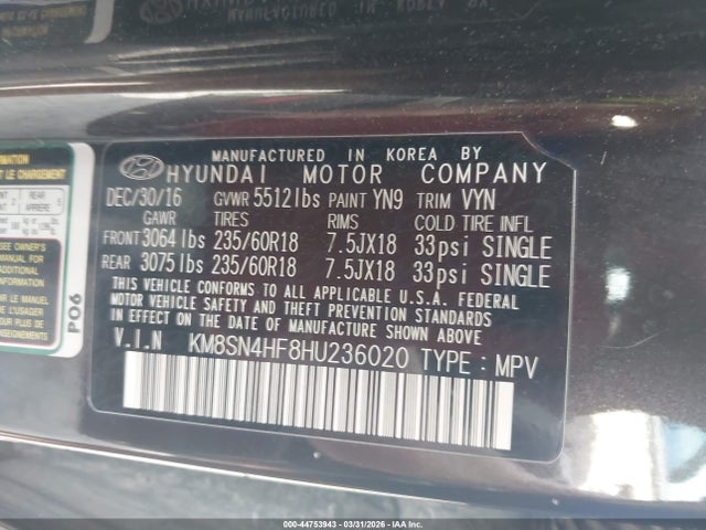 Продажа на аукционе авто 2017 Hyundai Santa Fe Se, vin: KM8SN4HF8HU236020, номер лота: 44753943