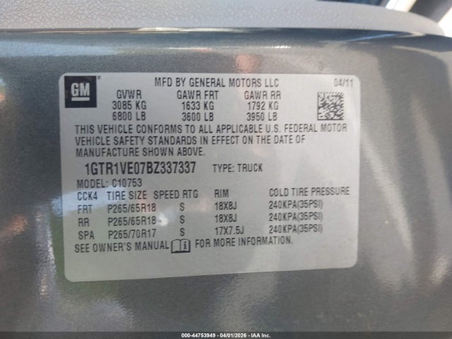 44753949 :رقم المزاد ، 1GTR1VE07BZ337337 vin ، 2011 Gmc Sierra 1500 Sle مزاد بيع