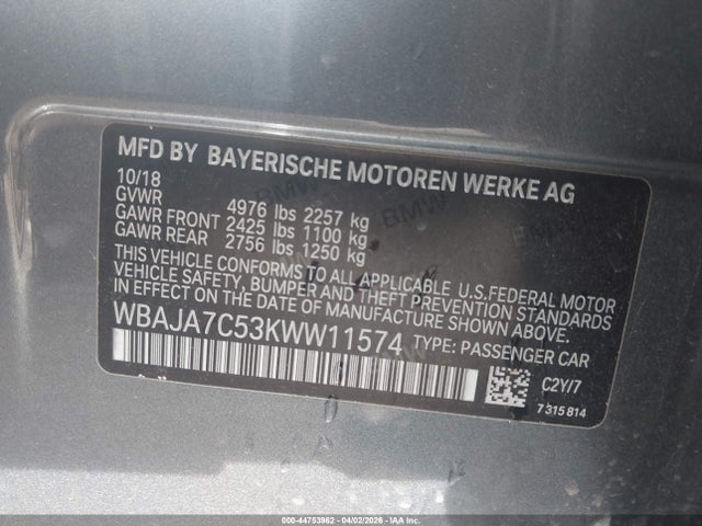 44753962 :رقم المزاد ، WBAJA7C53KWW11574 vin ، 2019 Bmw 530i Xdrive مزاد بيع