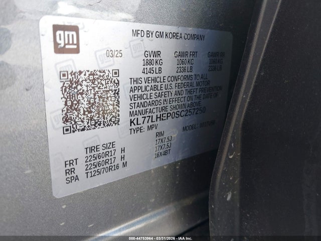 Продаж на аукціоні авто 2025 Chevrolet Trax Fwd Lt, vin: KL77LHEP0SC257250, номер лоту: 44753964