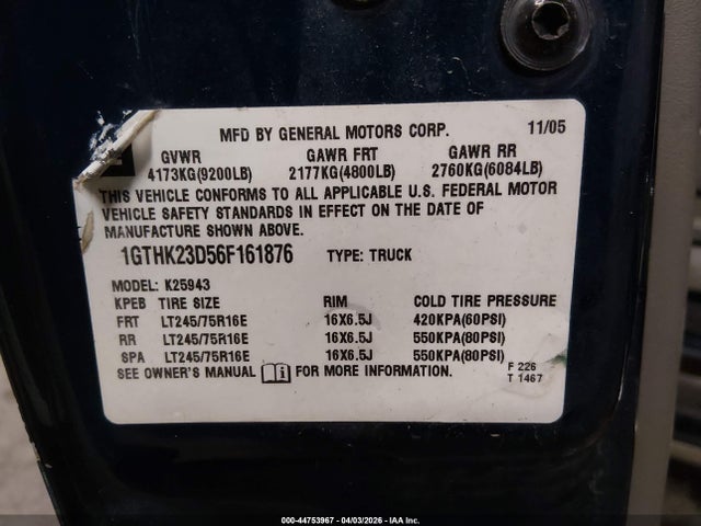 44753967 :رقم المزاد ، 1GTHK23D56F161876 vin ، 2006 Gmc Sierra 2500hd Sle2 مزاد بيع