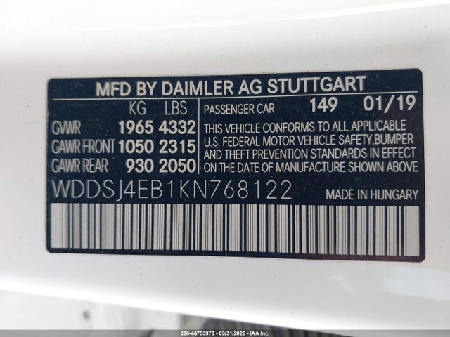 44753970 :رقم المزاد ، WDDSJ4EB1KN768122 vin ، 2019 Mercedes-benz Cla 250 مزاد بيع