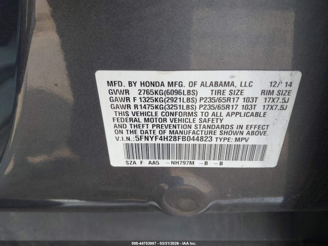 Honda PILOT LX 2015 5FNYF4H28FB044823 Image 9