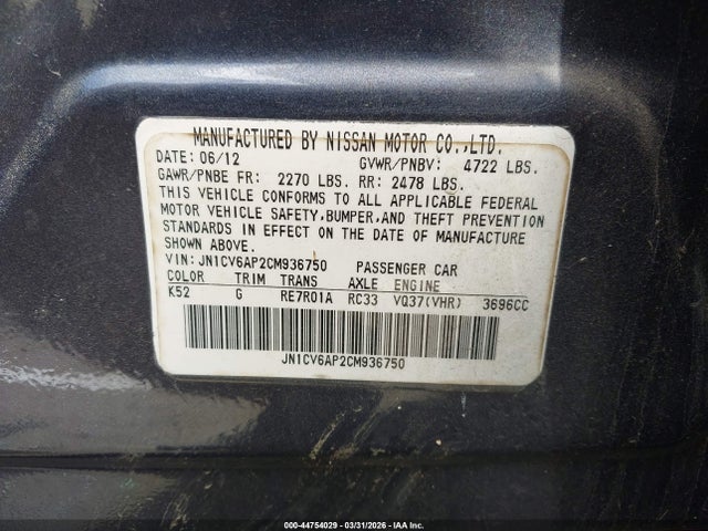 Продажа на аукционе авто 2012 Infiniti G37 Journey, vin: JN1CV6AP2CM936750, номер лота: 44754029