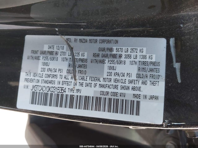Продажа на аукционе авто 2019 Mazda Cx-9 Touring, vin: JM3TCACY0K0315354, номер лота: 44754044