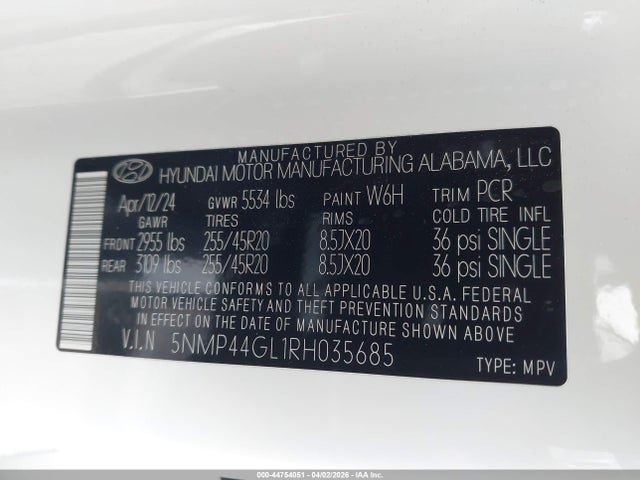 Продажа на аукционе авто 2024 Hyundai Santa Fe Limited, vin: 5NMP44GL1RH035685, номер лота: 44754051