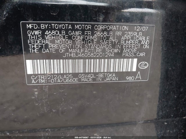 Продаж на аукціоні авто 2008 Lexus Es 350, vin: JTHBJ46G582201294, номер лоту: 44754067
