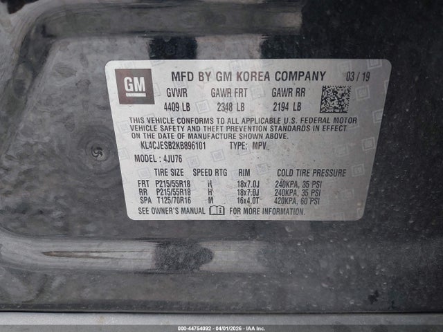 Продаж на аукціоні авто 2019 Buick Encore Awd Preferred, vin: KL4CJESB2KB896101, номер лоту: 44754092