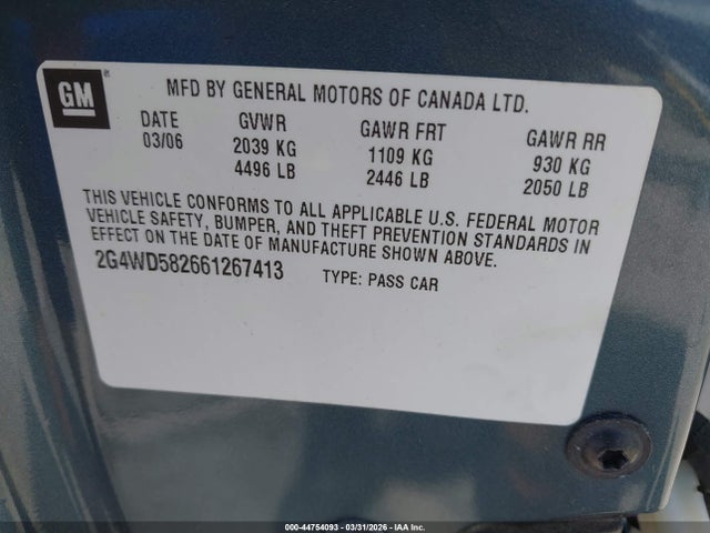 44754093 :رقم المزاد ، 2G4WD582661267413 vin ، 2006 Buick Lacrosse Cxl مزاد بيع