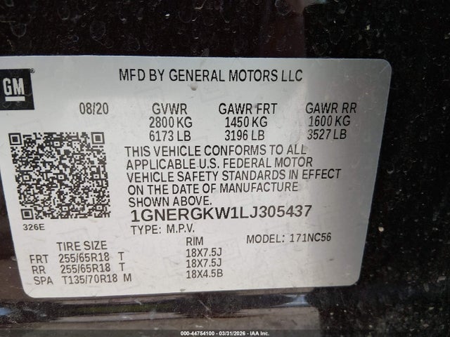 2020 Chevrolet Traverse Fwd Lt Cloth მანქანა იყიდება აუქციონზე, vin: 1GNERGKW1LJ305437, აუქციონის ნომერი: 44754100