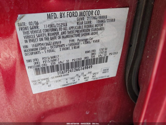 2006 Ford Five Hundred Sel მანქანა იყიდება აუქციონზე, vin: 1FAFP24126G169849, აუქციონის ნომერი: 44754105
