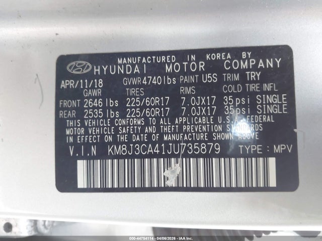 44754114 :رقم المزاد ، KM8J3CA41JU735879 vin ، 2018 Hyundai Tucson Sel Plus مزاد بيع
